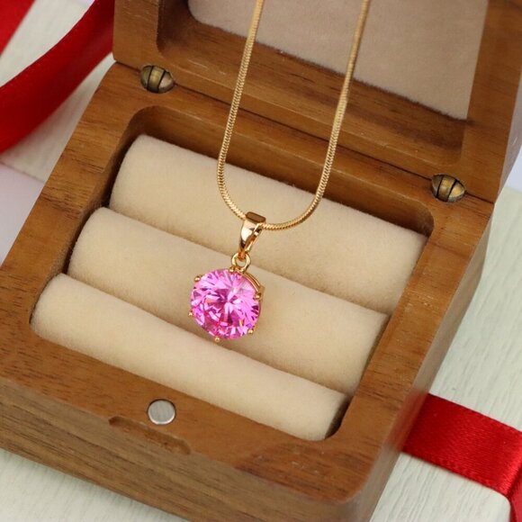 "Brilliant Round Pink Stone Rose Gold Pendant Sparkling Charm, XPPT1599 - Picture 8 of 13